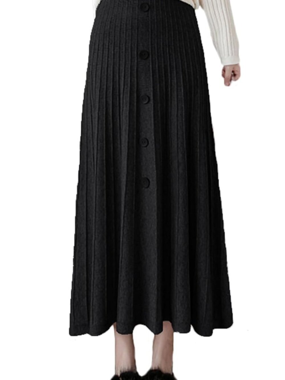 Black A-Line Pleated Knitted Ankle-Length Skirt with Front Button Detail